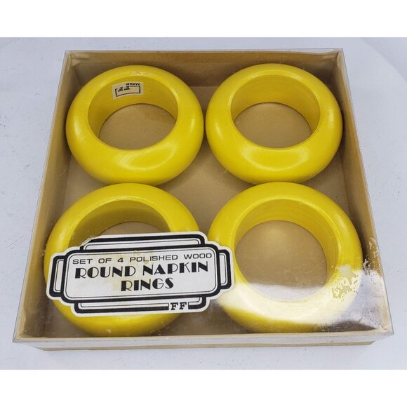 FItz & Floyd Round Napkin Rings Set of 4 Polished Wood Yellow Vintage Japan MCM - Picture 1 of 5